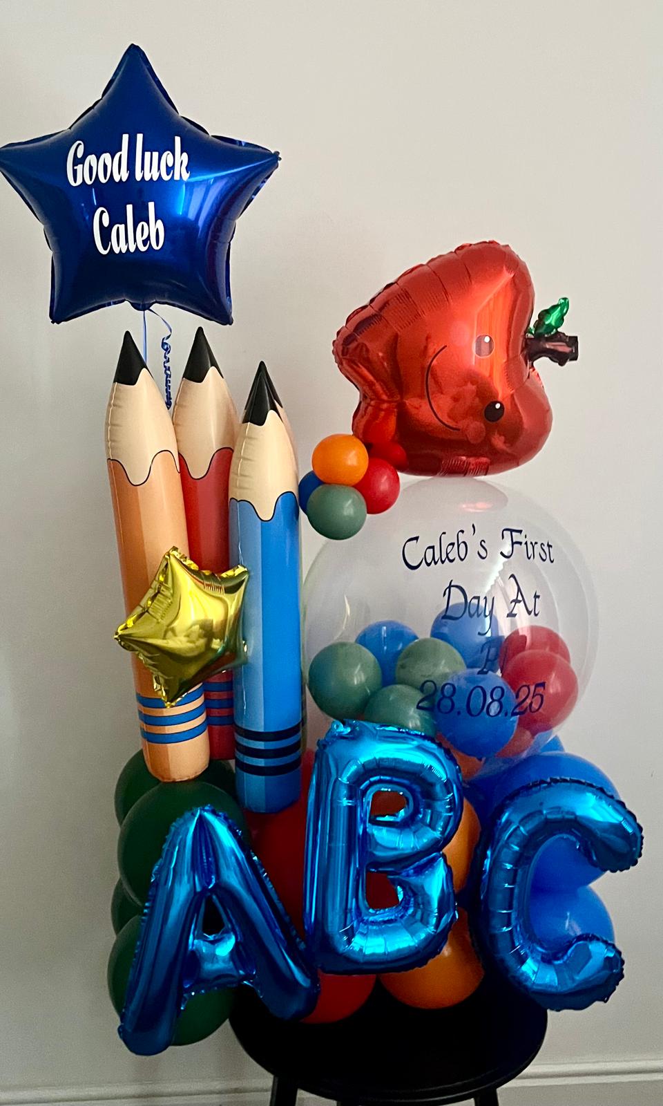 Bespoke balloon lettering ABC school piece with personalised message in Northern Ireland